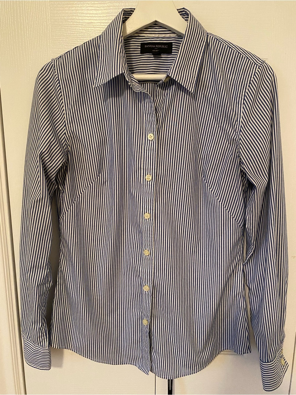 Banana Republic Blue and White Vertical Stripe Fitted Shirt Button front Size 6